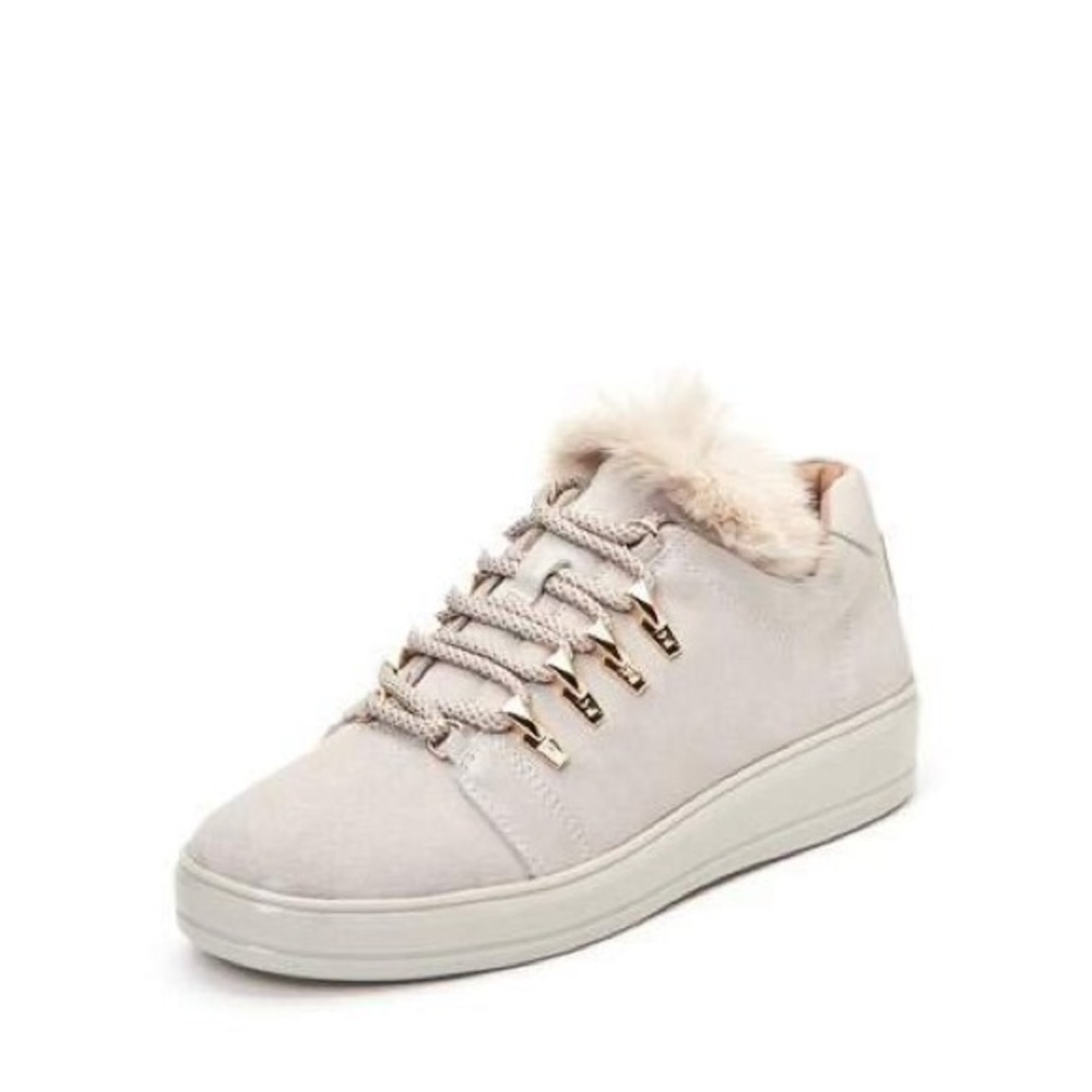 Taryn Rose: Chalk Colored Georgy Suede Sneakers with Faux Fur Tongues